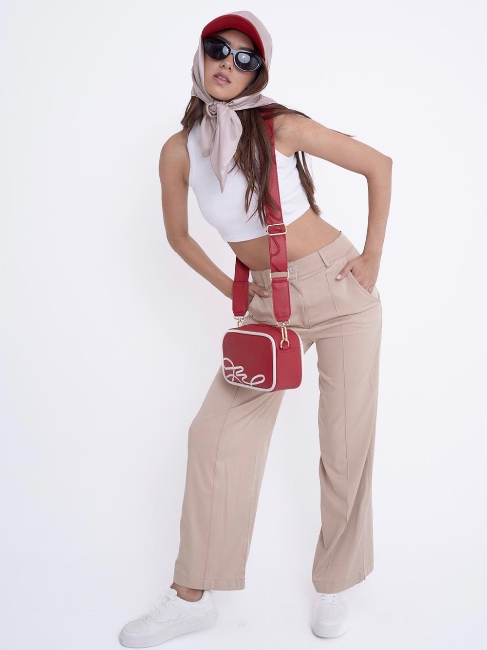 Red Crossbody Camera Bag with White Script